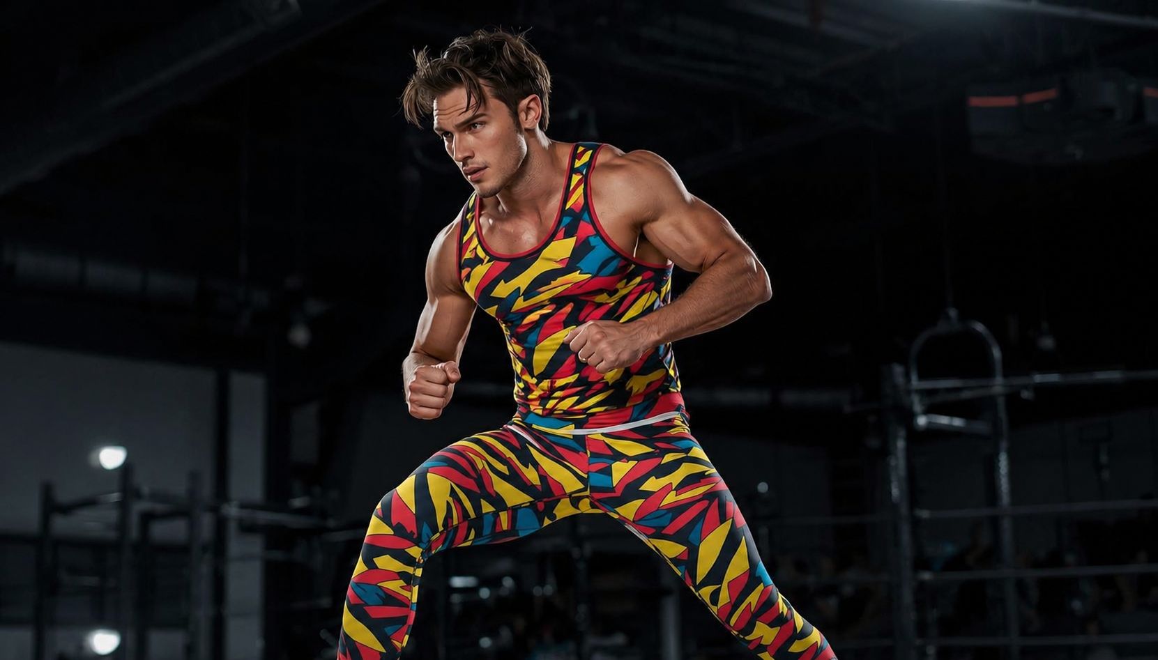 Man in bold patterned leggings in an athletic setting, confident stance