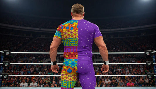 Man in bold retro pro wrestling tights and tank top photographed from behind in a large arena, crowd stretching into the distance ahead
