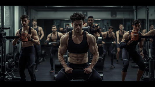 Modern gym scene with guys wearing boring black leggings and athleisurewear