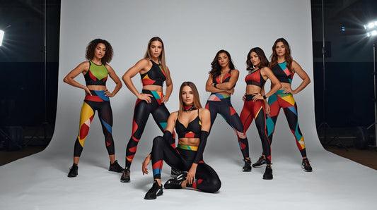 Group of women wearing premium billingtonpix leggings in vibrant, bold geometric shapes, retro style for gym, fashion or festival