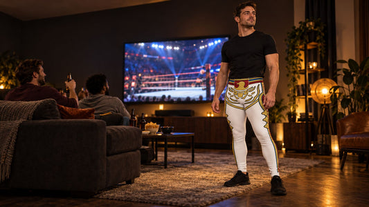 Man in white and gold wrestling tights and a black T-shirt standing in front of a big screen at a wrestling watch party