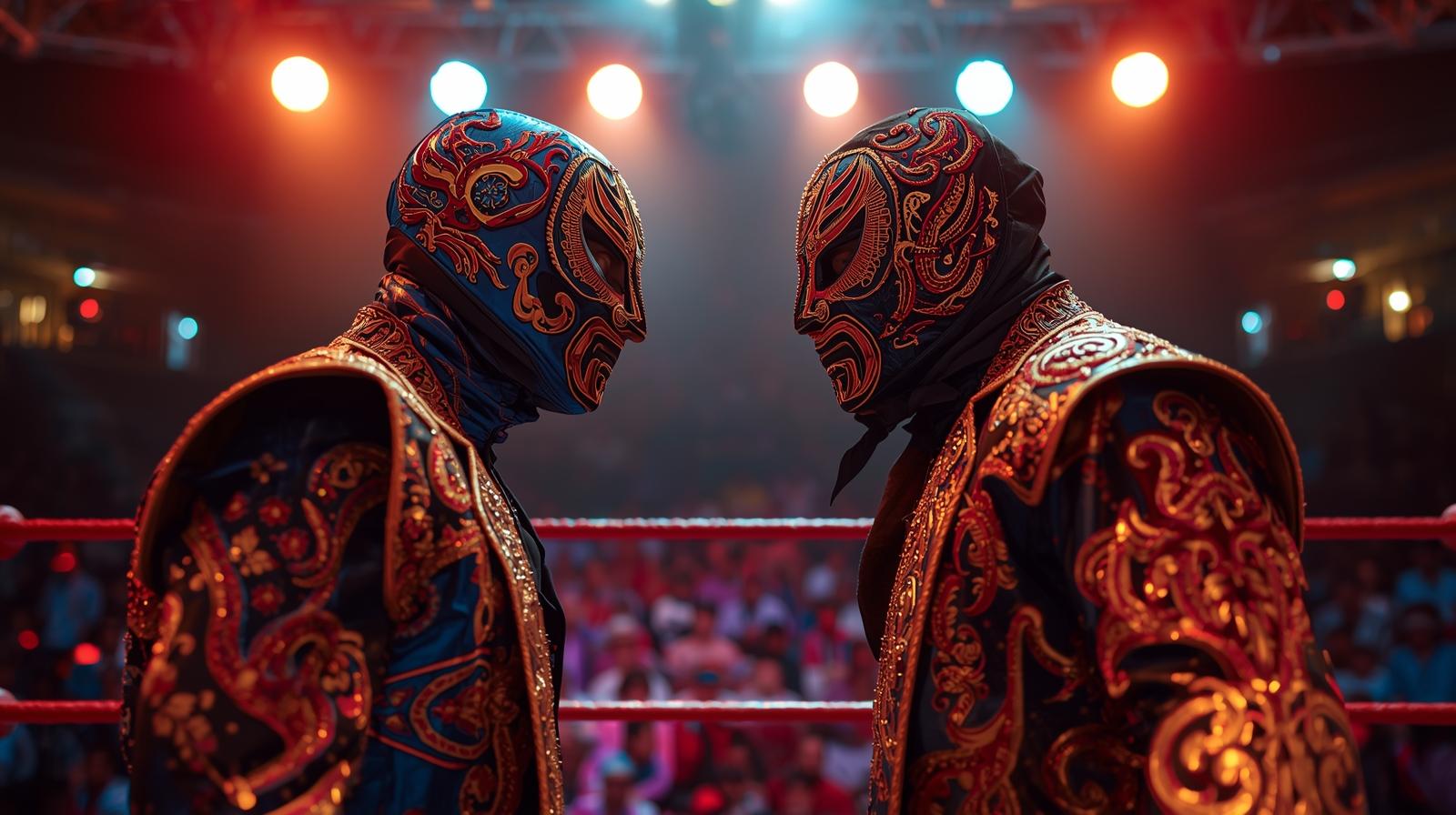 Two masked luchadors face each other tensely in a luche libre vibe wrestling arena