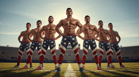 Male athletes wearing leggings in style of patriotic American flag