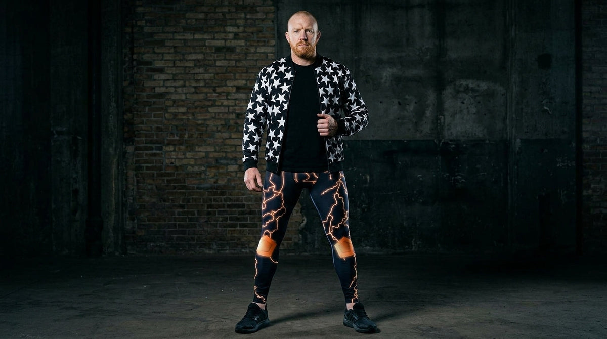 Man in Thunder Jack midnight and electric strike wrestling tights with a black bomber jacket worn open, standing against a dark cold-weather backdrop for AEW Worlds End