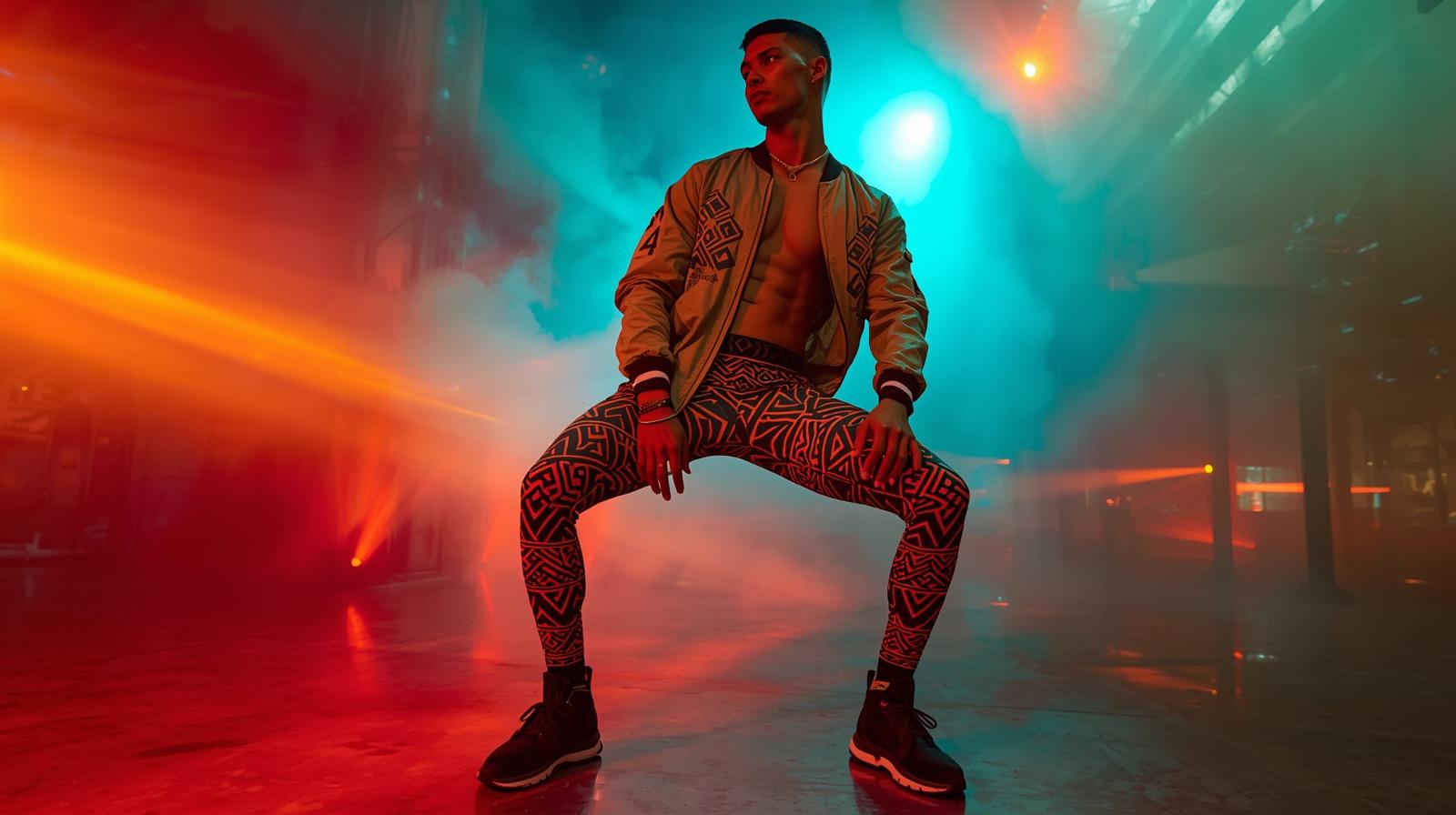 Athletic man wearing leggings whilst dancing in neon lit rave warehouse