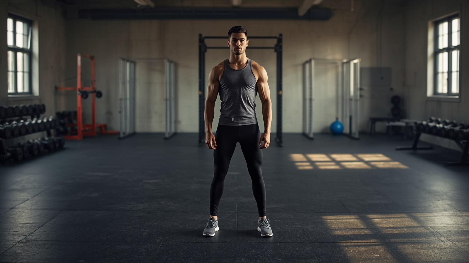 Man standing in empty gym, wearing black leggings
