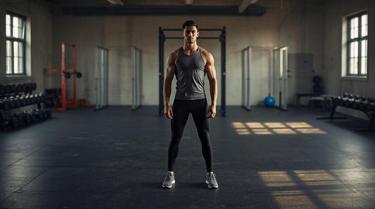 Man standing in empty gym, wearing black leggings