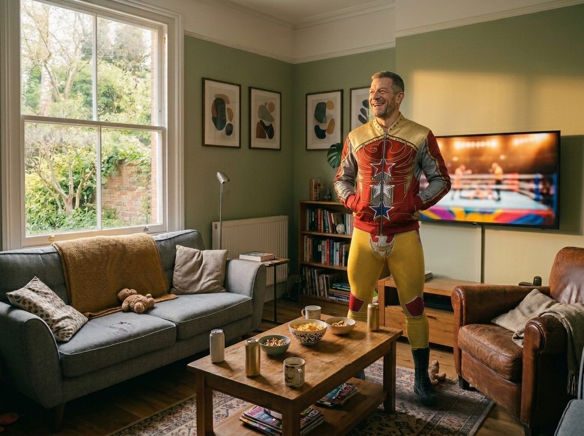 Man laughing at a WrestleMania watch party in a red and gold eagle and star bomber jacket with matching gold wrestling tights