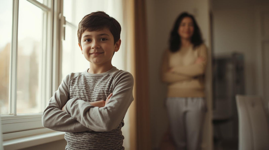 Confident child wearing activewear standing with his parent in comfortable pose.