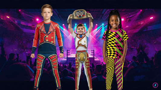 Confident young wrestlers at a neon arena wrestling event