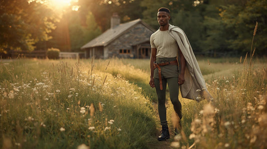 What is Cottagecore? Whimsical activewear and cosplayer in wild meadow at sunset.