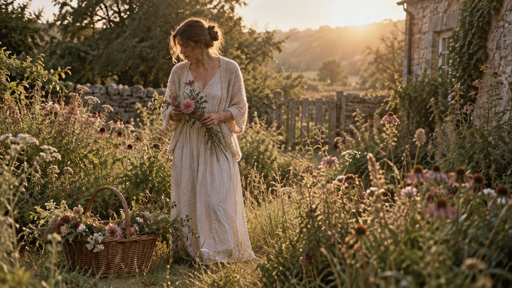 Person standing in a summertime garden wearing cottagecore clothing