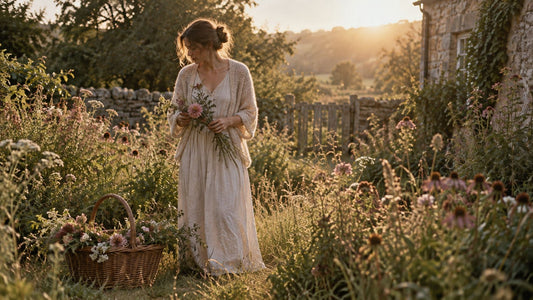 Person standing in a summertime garden wearing cottagecore clothing