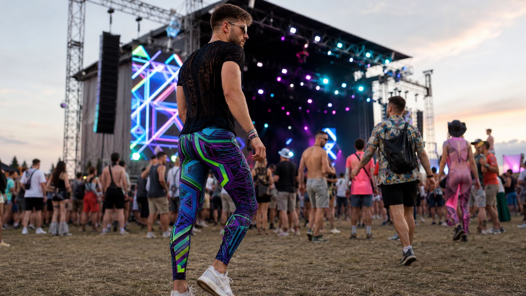 Creamfields festival goer at stage wearing neon leggings