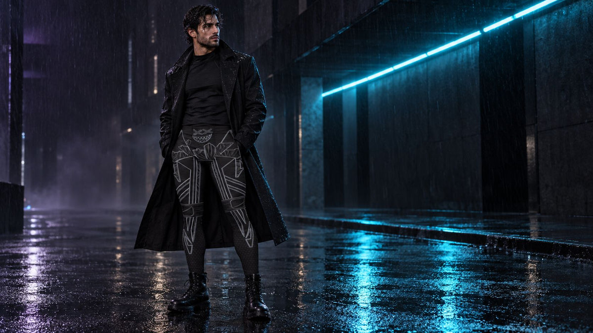 Cyberpunk goth wearing streetwear leggings in neon lit street