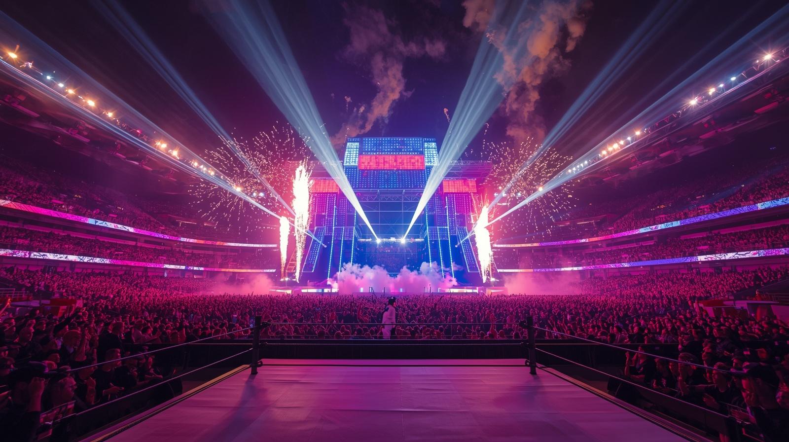Dramatic night time wrestling stadium anticipating wrestlemania