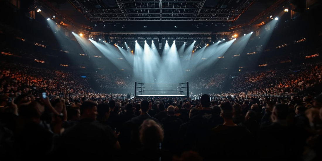 a dramatic professional wrestling ring under bright arena lights wide cinematic view empty ring surrounded by a cheering crowd in shadow atmospheric lighting high contrast high contrast realistic