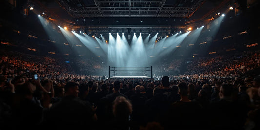 a dramatic professional wrestling ring under bright arena lights wide cinematic view empty ring surrounded by a cheering crowd in shadow atmospheric lighting high contrast high contrast realistic