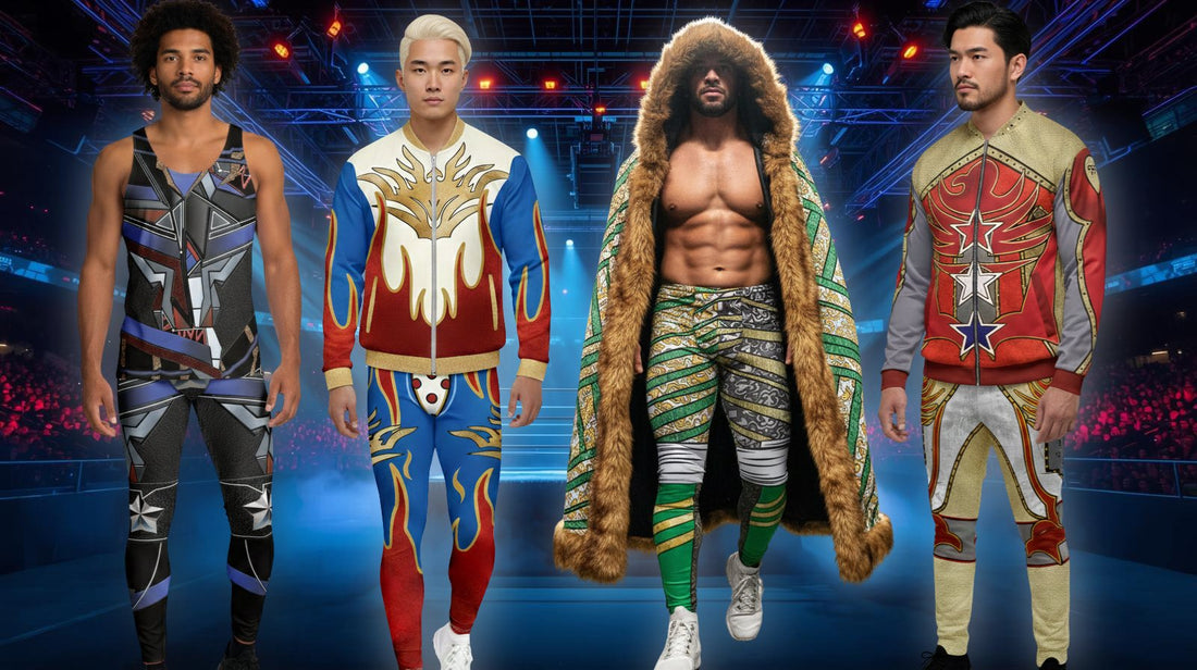 Cosplay wrestlers in cosplay wrestling activewear in front of a dramatic arena