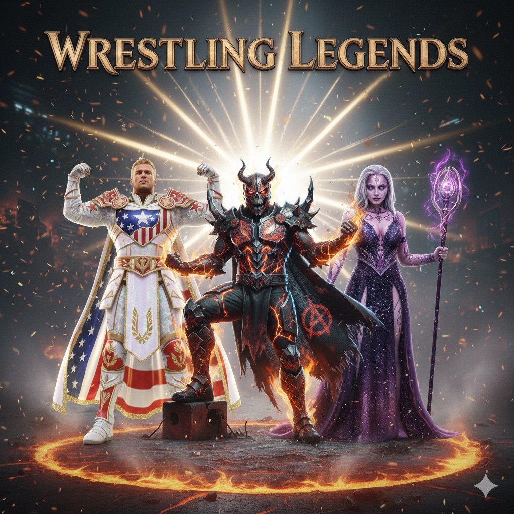 epic wrestling cosplay editorial hero banner featuring heroic, chaotic, and supernatural personas