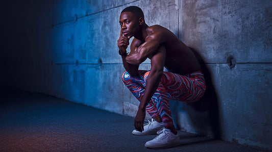 fashion editorial photograph of a male athlete in patterned leggings crouching near a concrete training wall, side-lit with subtle but moody directional neon lighting