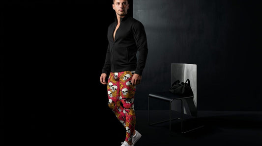 Fashionable man wearing red and gold leggings with rose design, with contrasting fitted jacket, in a dark room, stylish pose.