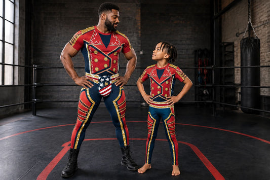 Father and son wearing matching wrestling gear bundles in American Hero style