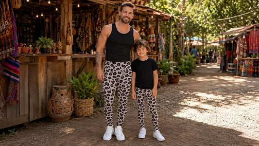 Father and son wearing matching leopard skin leggings