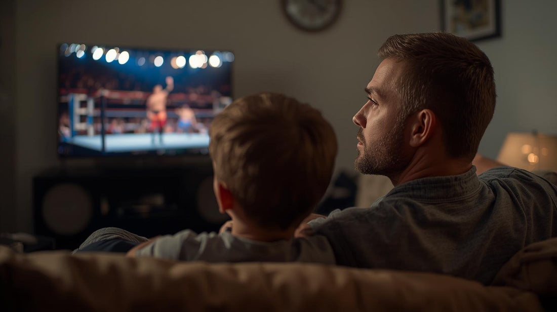 A warm, cinematic scene of a father and young son sitting together on a sofa watching professional wrestling on television