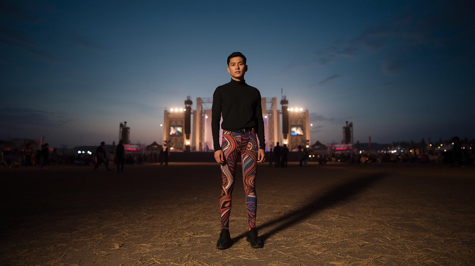 Men’s festival outfit ideas with bold leggings at an outdoor event