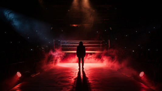 Fiend - atmospheric red and dry ice wrestling stage with man standing in silhouette.