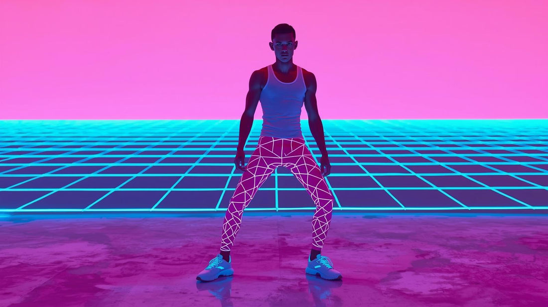 futuristic vaporwave fashion scene, confident male model wearing neon geometric leggings with matching athletic tank top, pastel pink and turquoise lighting