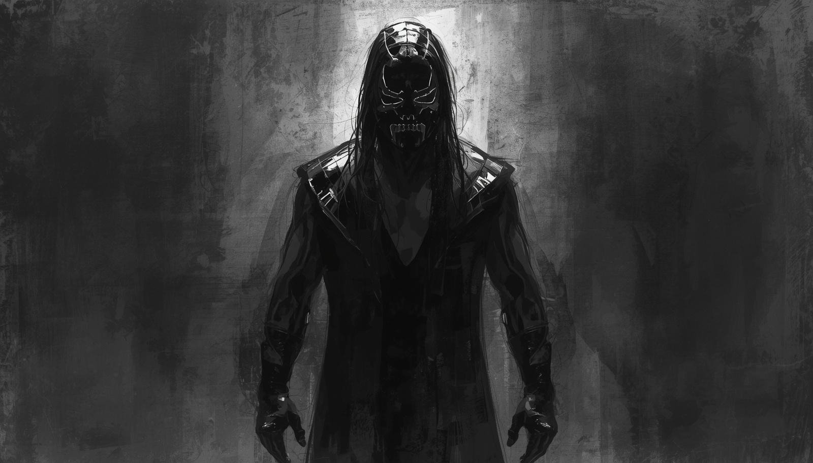 Figure in dark wrestling gear with controlled silhouette under low arena lighting, no logos or text, deliberate gothic presence