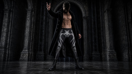 Man wearing dark gothic wrestling tights with a skull or bone-geometry print, black base, grey or bone-white detailing