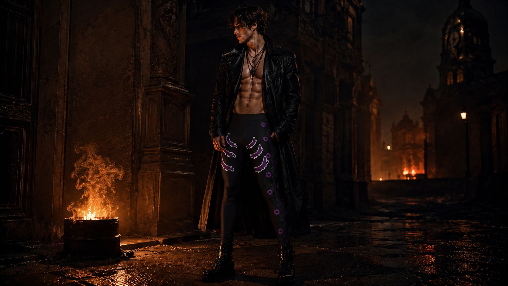 Man wearing gothic wrestling tights standing in a spooky Halloween room with open fire cauldron
