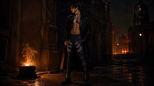 Man wearing gothic wrestling tights standing in a spooky Halloween room with open fire cauldron