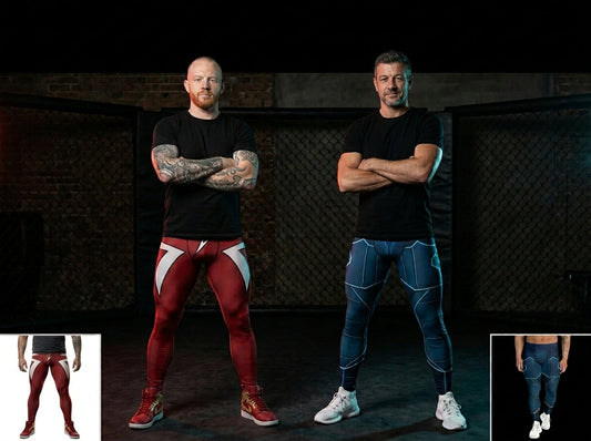 Two men in Lightning Bolt red and white and Synth Knight navy and cyan wrestling tights standing shoulder to shoulder against a dark backdrop, representing the two sides of a WarGames match