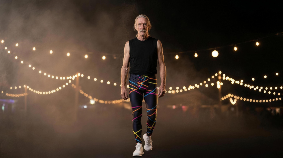 Man with long grey hair in black and rainbow geometric wrestling tights, walking forward under string lights at a night festival scene