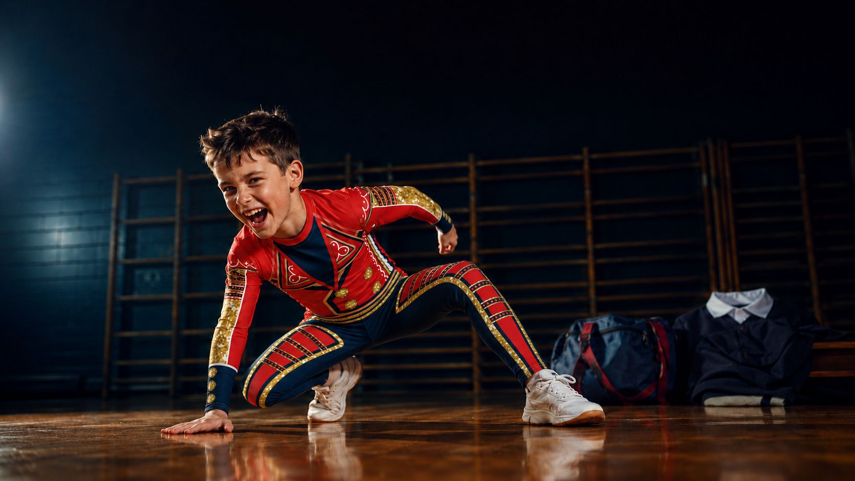 Boy wearing red and navy American hero cosplay wrestling outfit