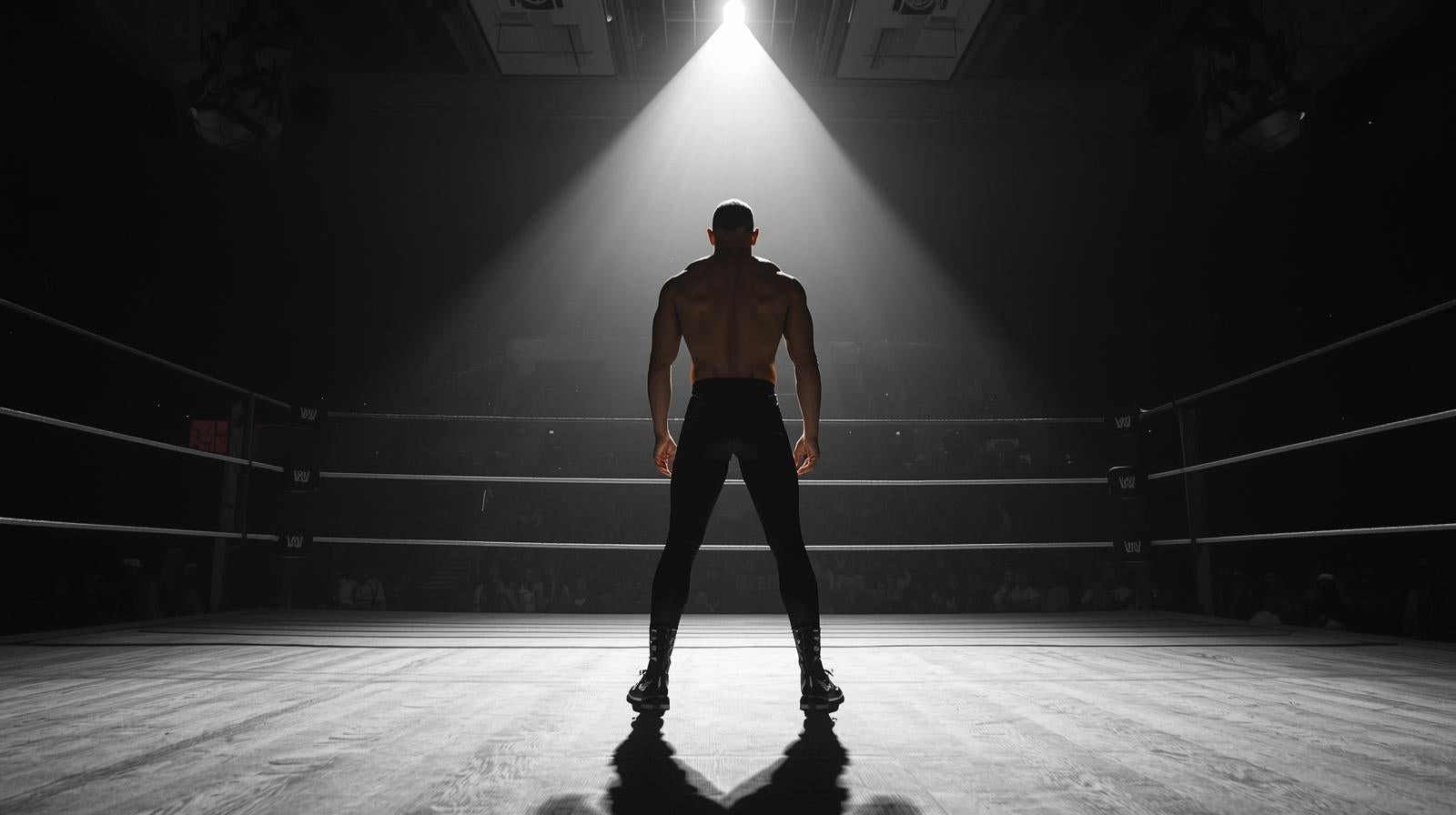 Lone male standing alone in a dramatically lit wrestling ring. Sadness vibes.