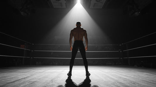 Lone male standing alone in a dramatically lit wrestling ring. Sadness vibes.