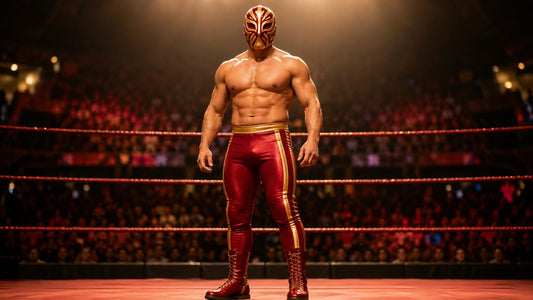 Athletic wrestler in bold symmetrical luchador mask and matching ring gear under dramatic arena lighting