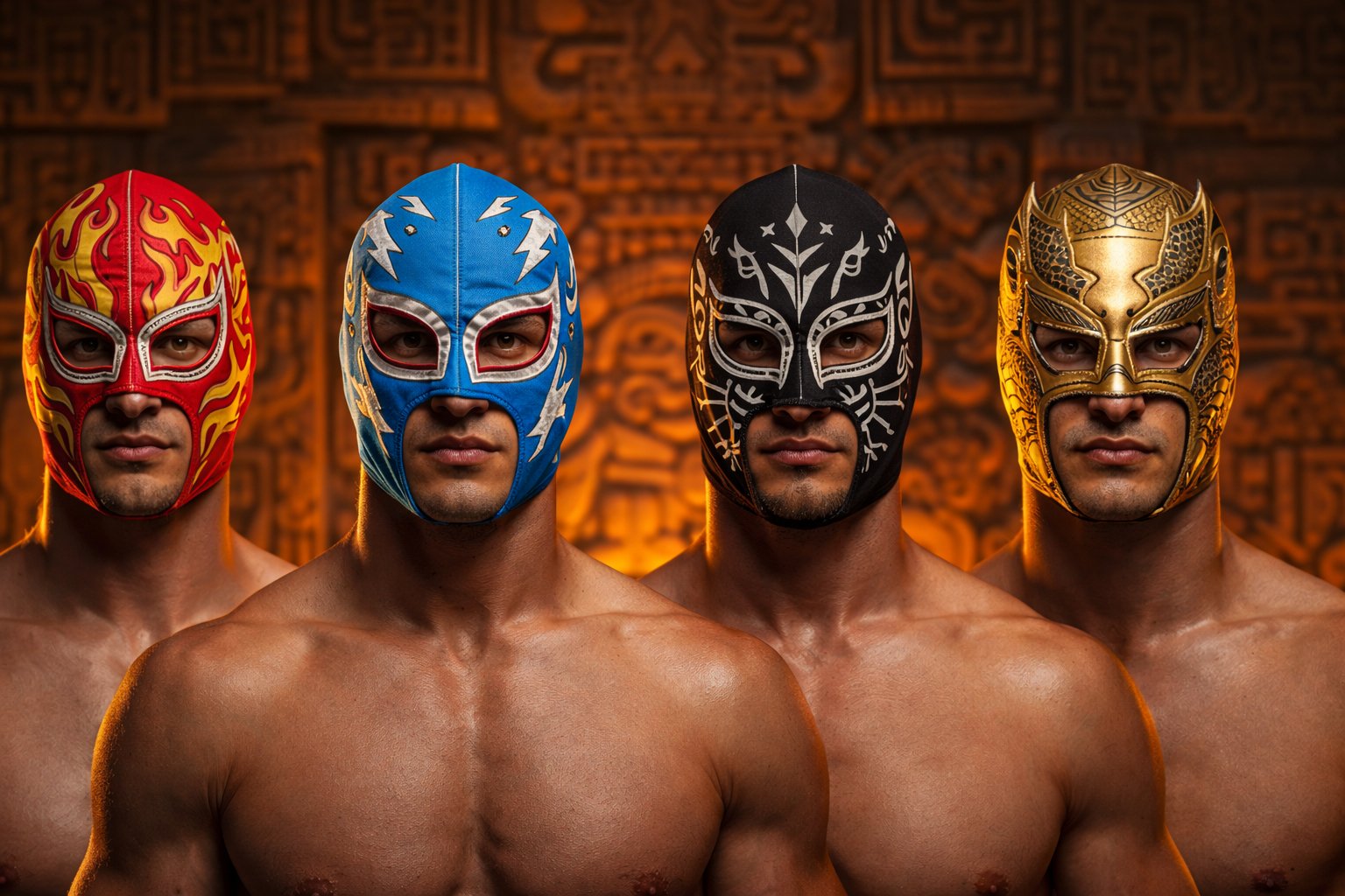 Four luchadors in red, blue, black and gold masks