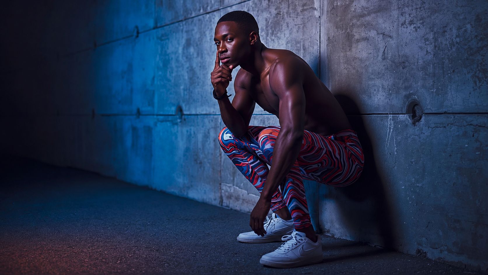 fashion editorial photograph of a male athlete in patterned leggings crouching near a concrete training wall, side-lit with subtle but moody directional neon lighting