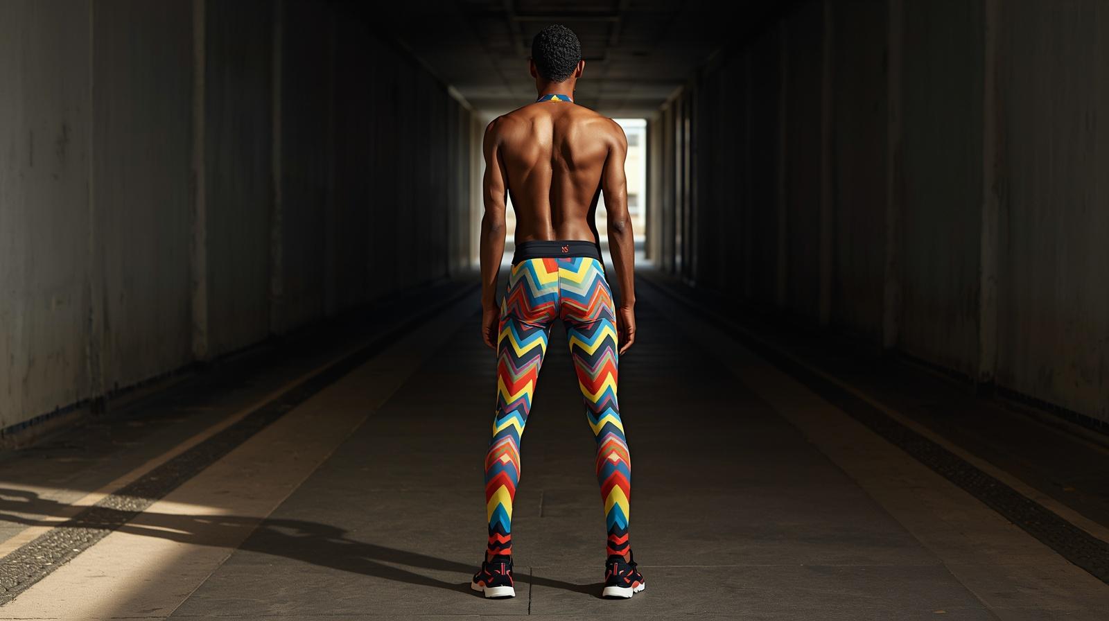 Single male athlete wearing harajuku memphis design leggings in Japanese style in dark corridor