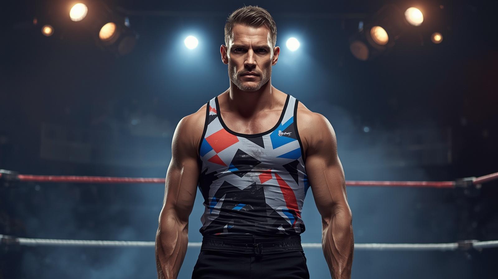 Man wearing a pro wrestling ring style tank top in bold geometric styling