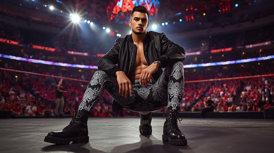 Man crouching at wrestling cosplay arena event with pro wrestling inspired leggings