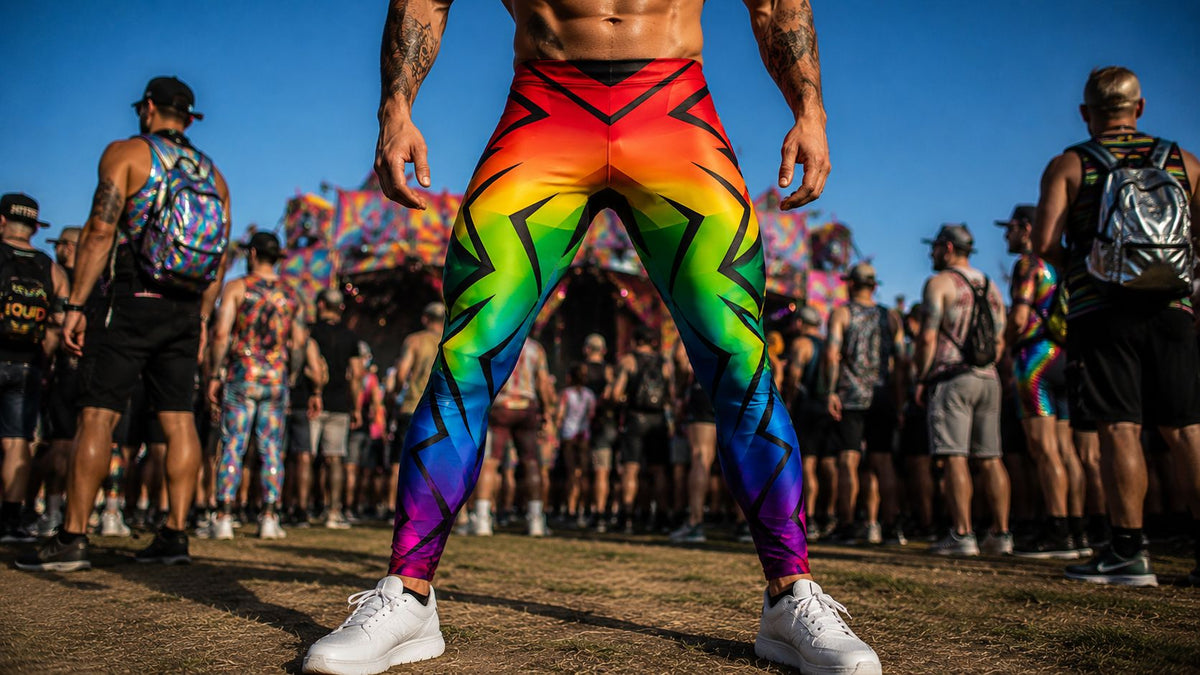Man standing confidently at LGBT+ Pride festival wearing rainbow leggings