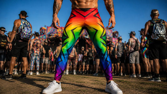 Man standing confidently at LGBT+ Pride festival wearing rainbow leggings