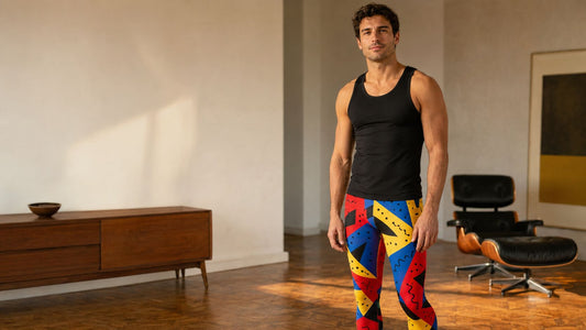 Man standing in room containing retro 1960s furniture wearing retro 80s Memphis leggings